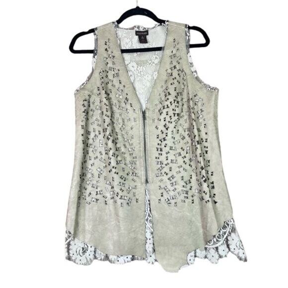 Multiples Vest Womens Small Vegan Leather Floral Lace Boho Hippy Lagenlook - Picture 2 of 11